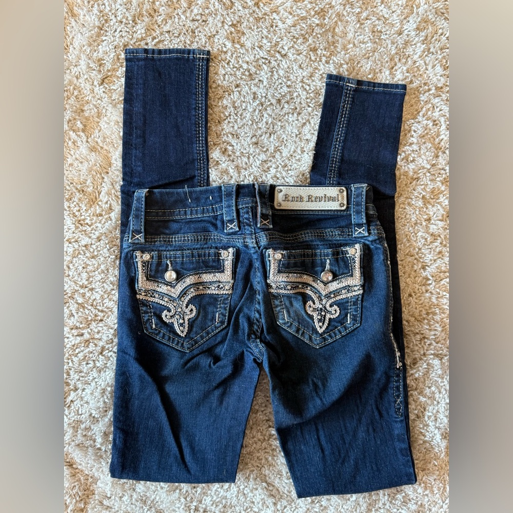 Rock Revival Dark Blue Skinny Jeans with Embellished Pockets